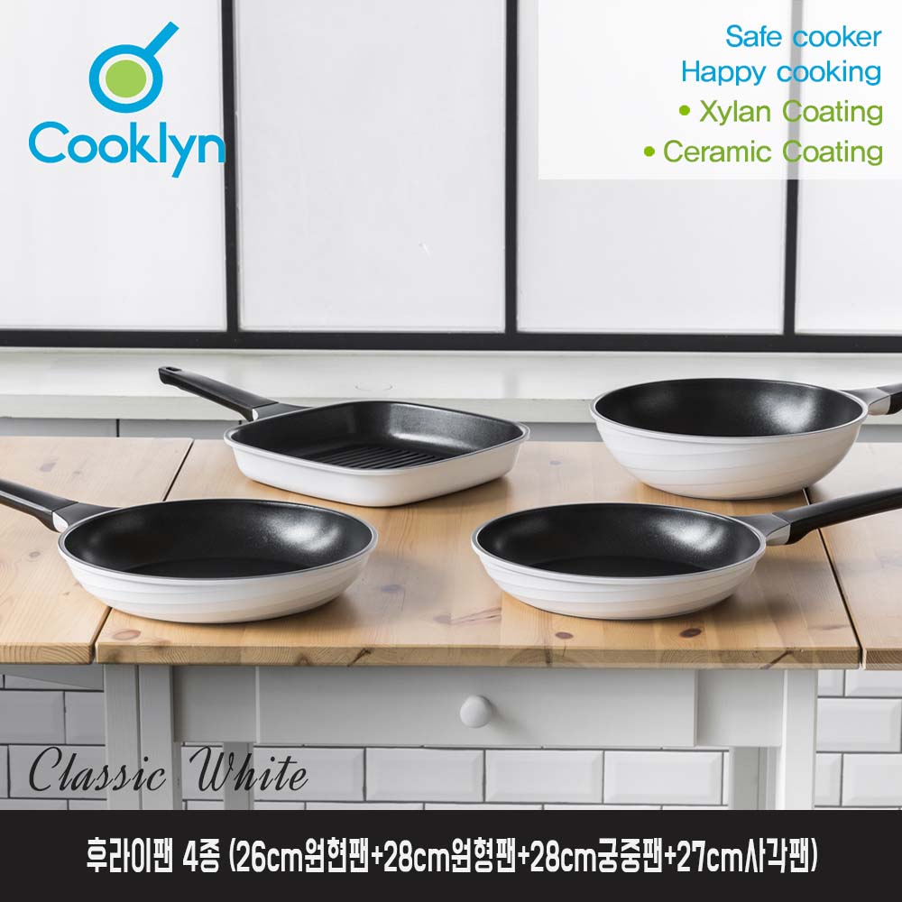 [쿡클린]클래식화이트 세라믹 후라이팬 4종(26cm원현팬+28cm원형팬+28cm궁중팬+27cm사각팬)