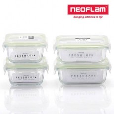 네오플램 프레시락 내열유리 밀폐용기 4종세트 (정사각300ml 2ea+직사각300ml 2ea)