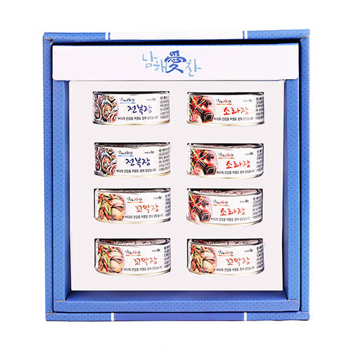 전남완도 저염식 특허간장 남해애찬 특선선물세트1호(전복100g*2개+소라100g*3개+꼬막100g*3개)(캔)
